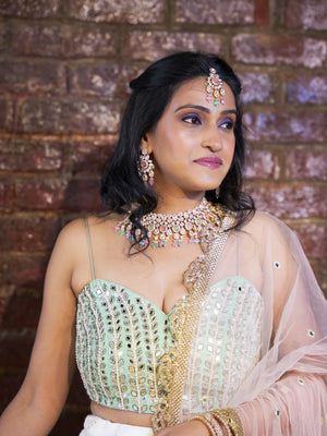 Mint Bustier and Ivory Ruffle Lehenga Set image 1