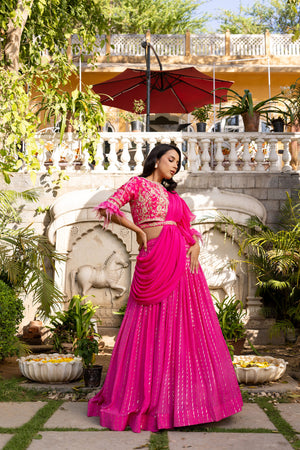 Pink Flair Sleeve Georgette Embroidered Lehenga Set image 8