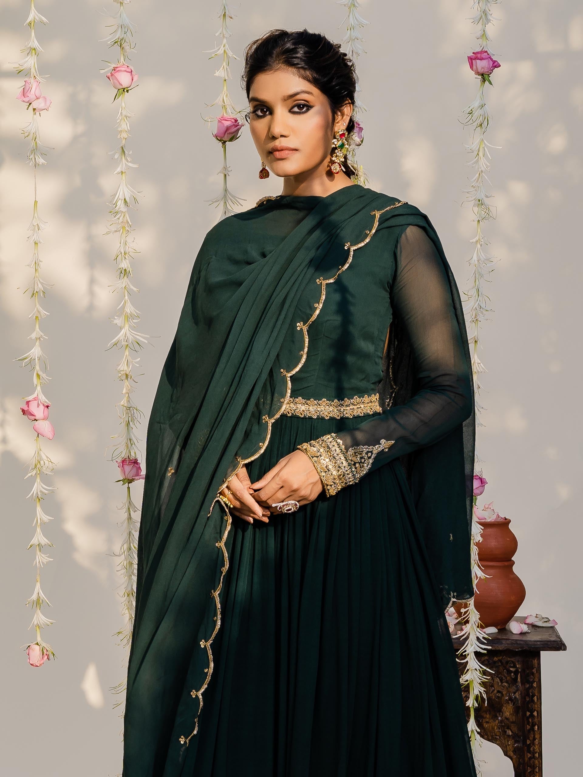 Bottle Green Anarkali Set with Belt image 3