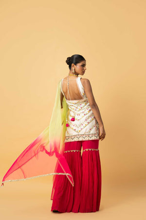 Ivory Chanderi Silk Kurta Fuschia Pink Georgette Sharara image 4