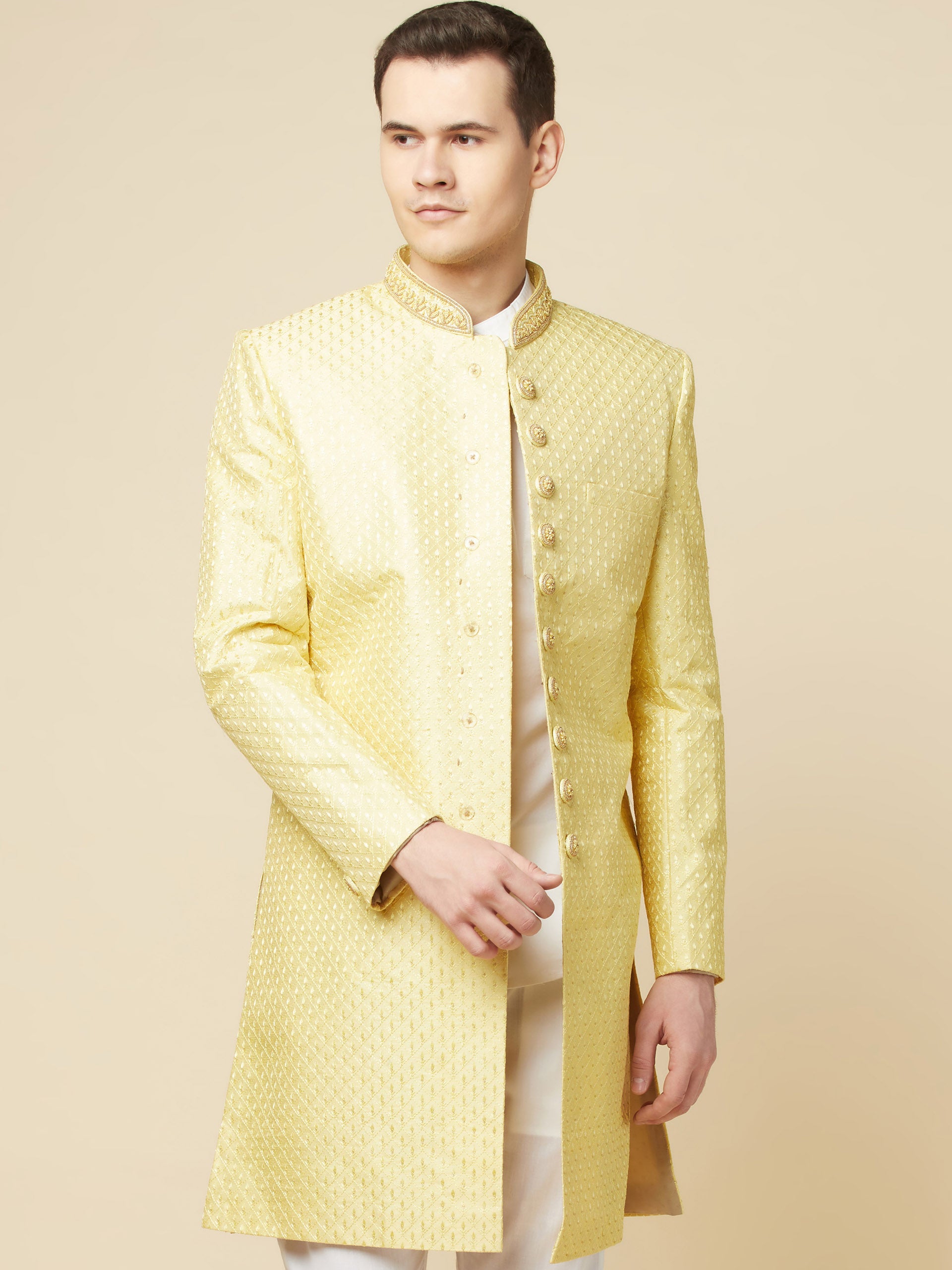 Lime Yellow Embroidered Sherwani Set image 7
