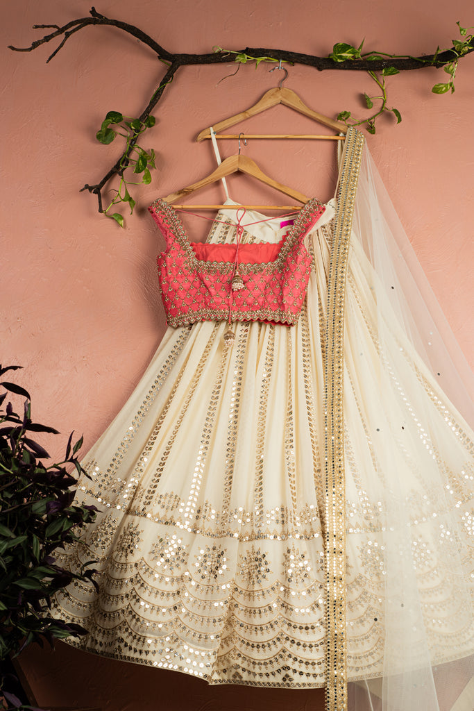 Ivory Sequin Starlight Lehenga with Pink Zardosi Blouse Set image 3