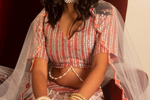 White and Peach Organza Lehenga Set image 8