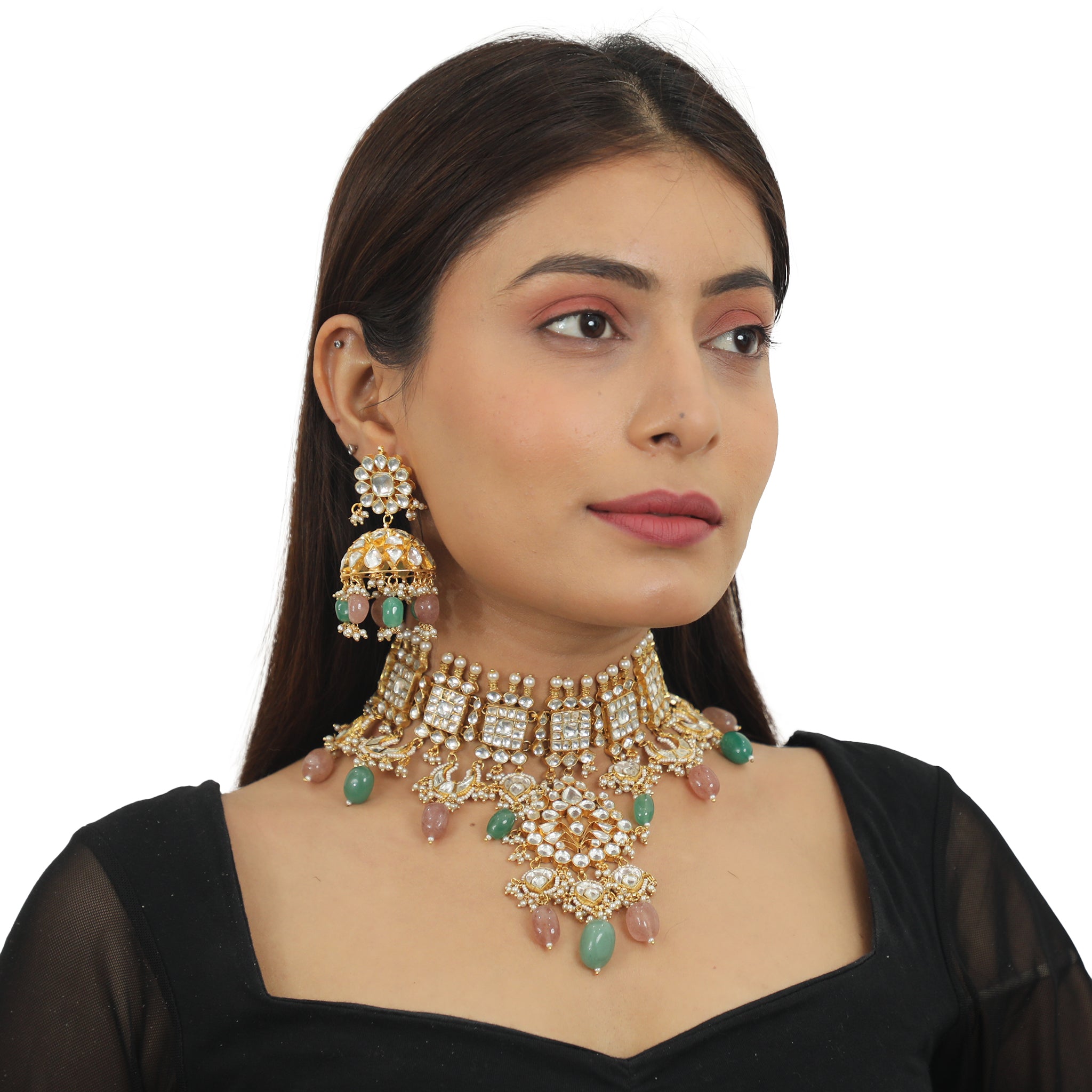 Pestel Pink And Sea Green Heavy Necklace Set image 4