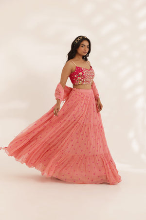 Coral Peach Bandhani Three Tier Lehenga image 5
