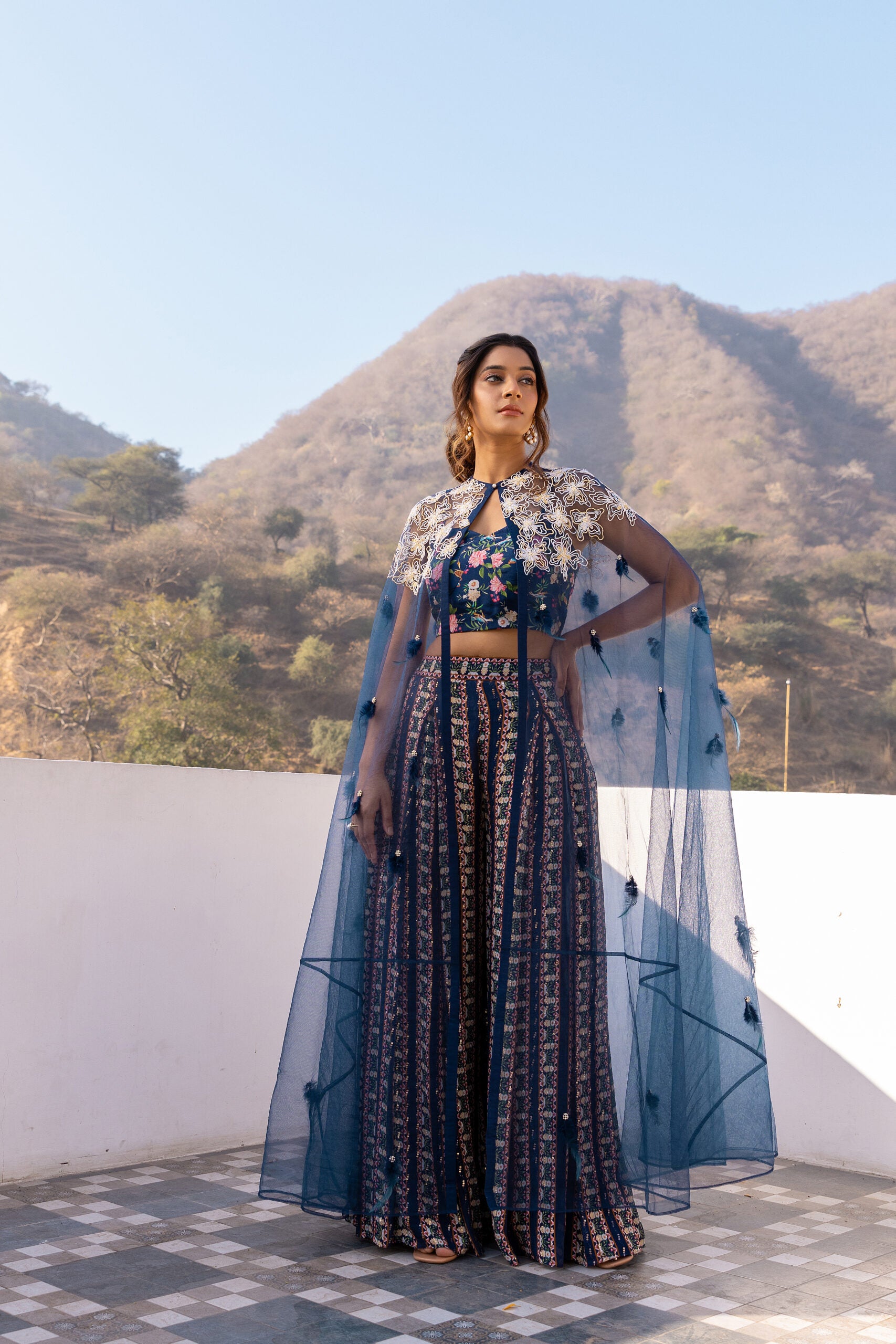 Blue Crepe Georgette Set With Cape image 0