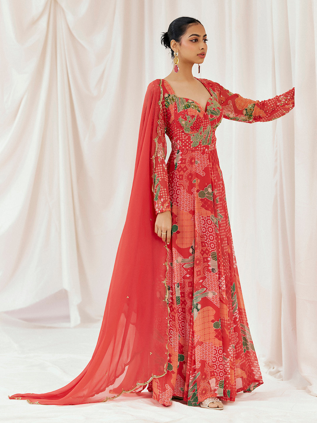 Red Printed Embroidered Anarkali Set with Dupatta image 3