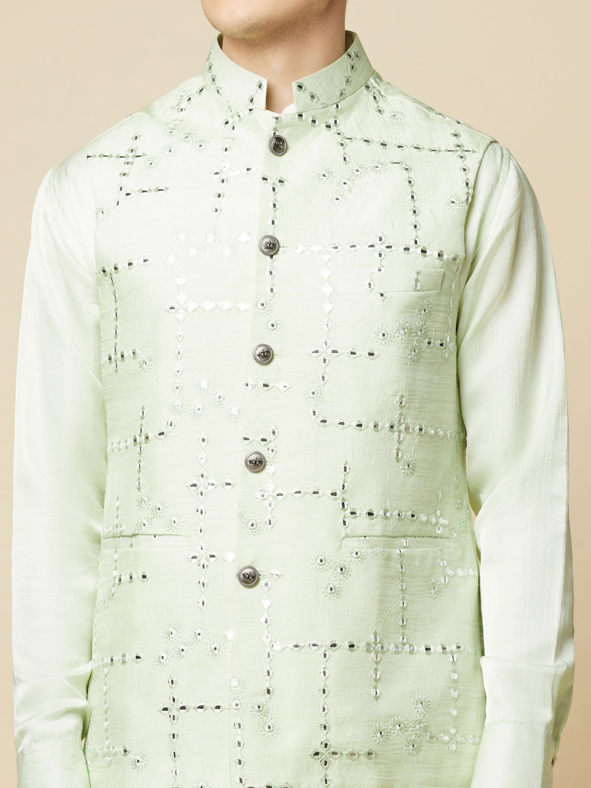 Mint Green Kurta Bundi Jacket Set image 6