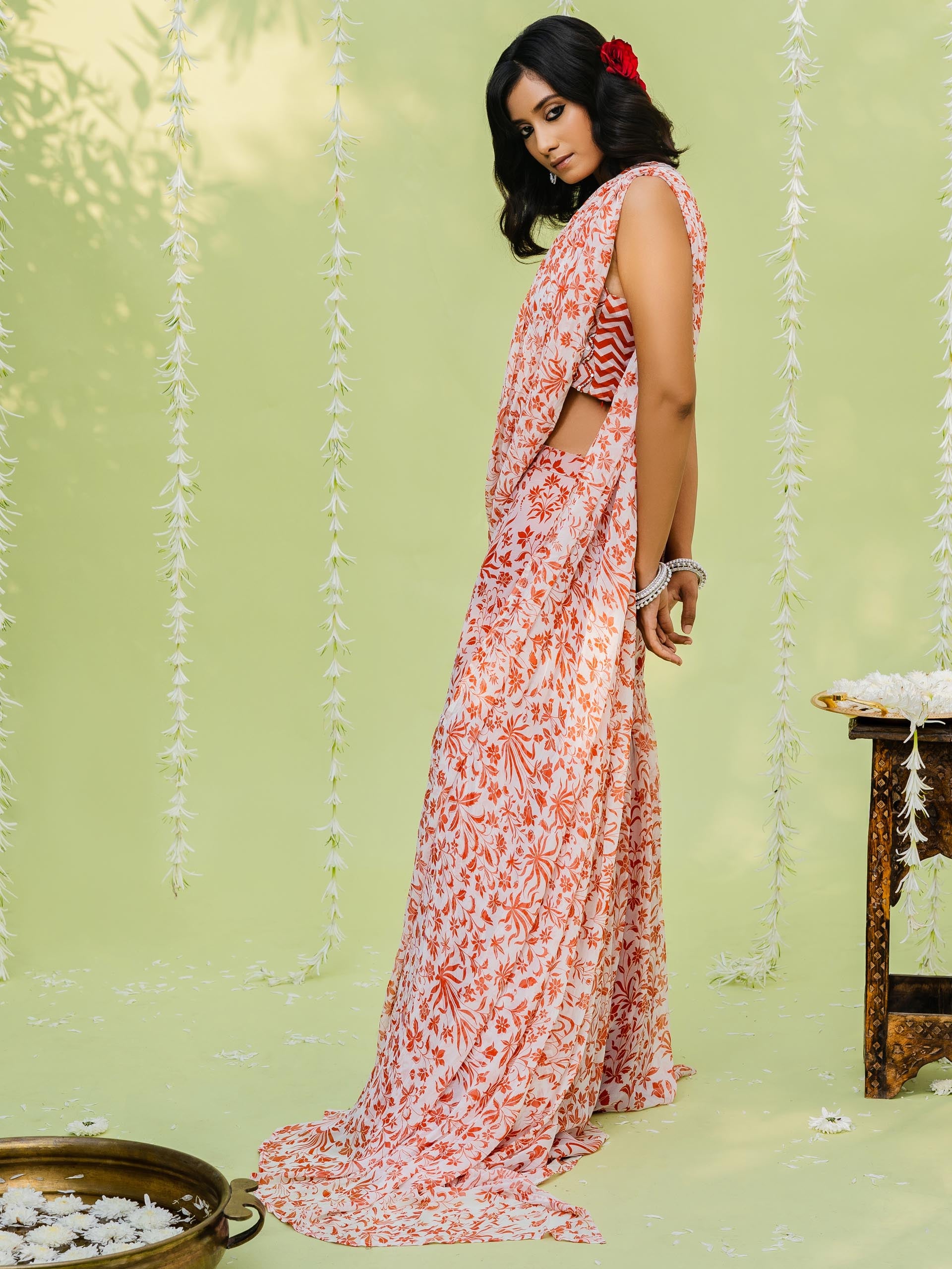 Red Orange Sharara Saree Set image 4