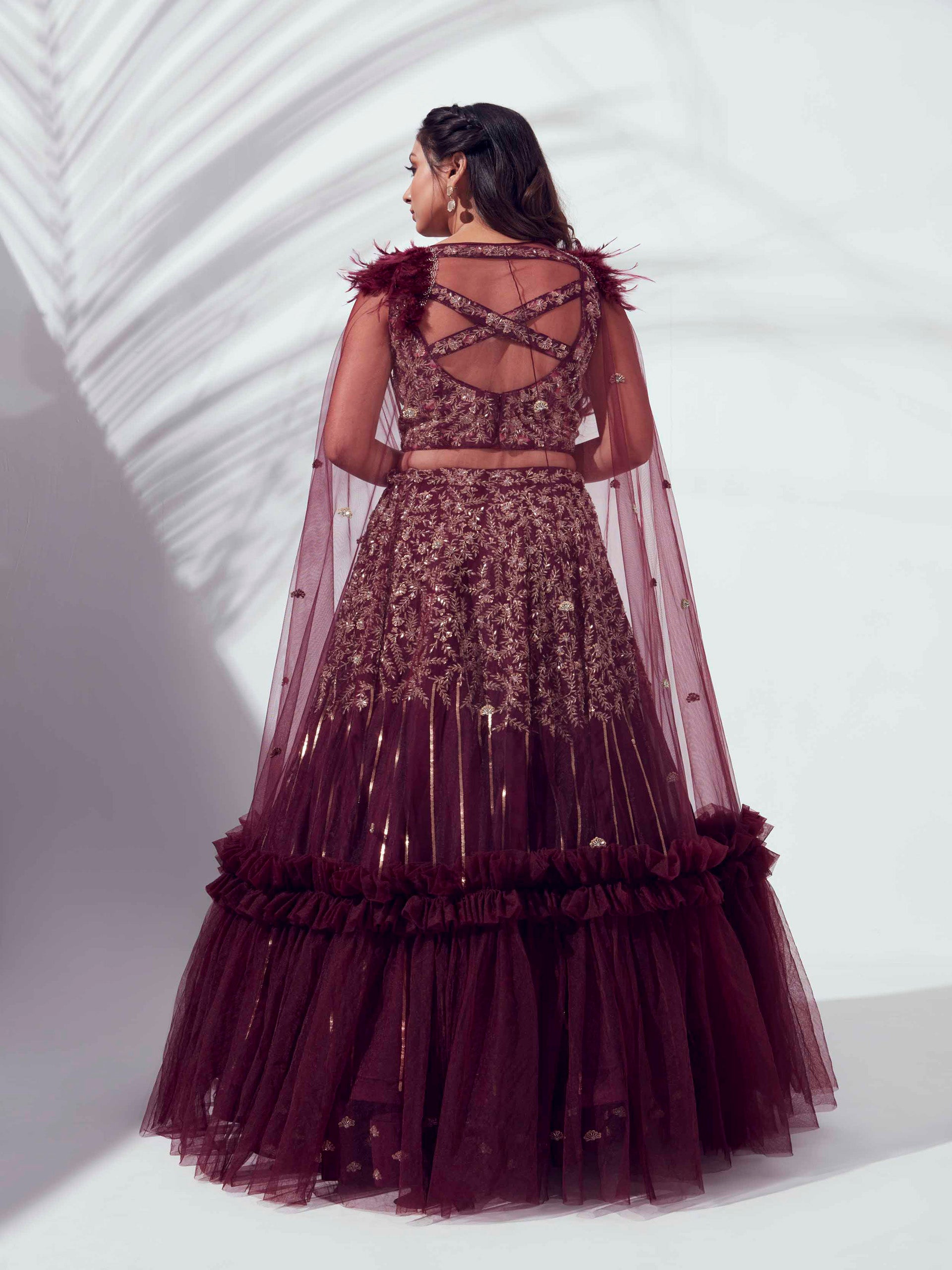 Wine Lehenga Paired With Cape Dupatta image 2