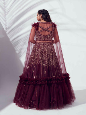 Wine Lehenga Paired With Cape Dupatta image 2