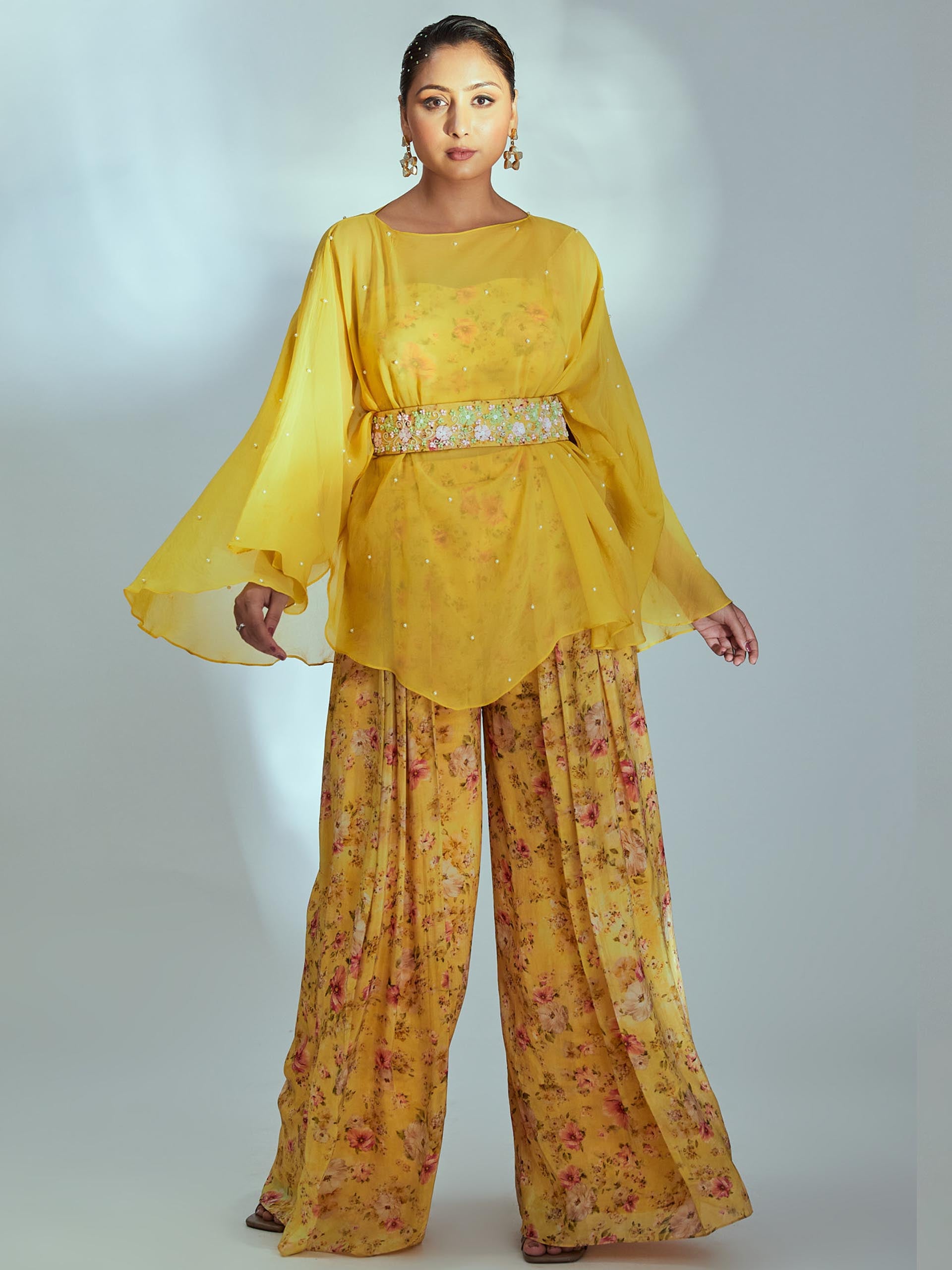 Yellow Floral Print Kaftan Set image 3