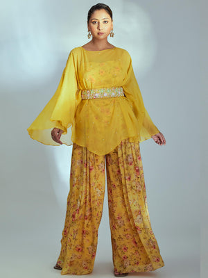 Yellow Floral Print Kaftan Set image 3