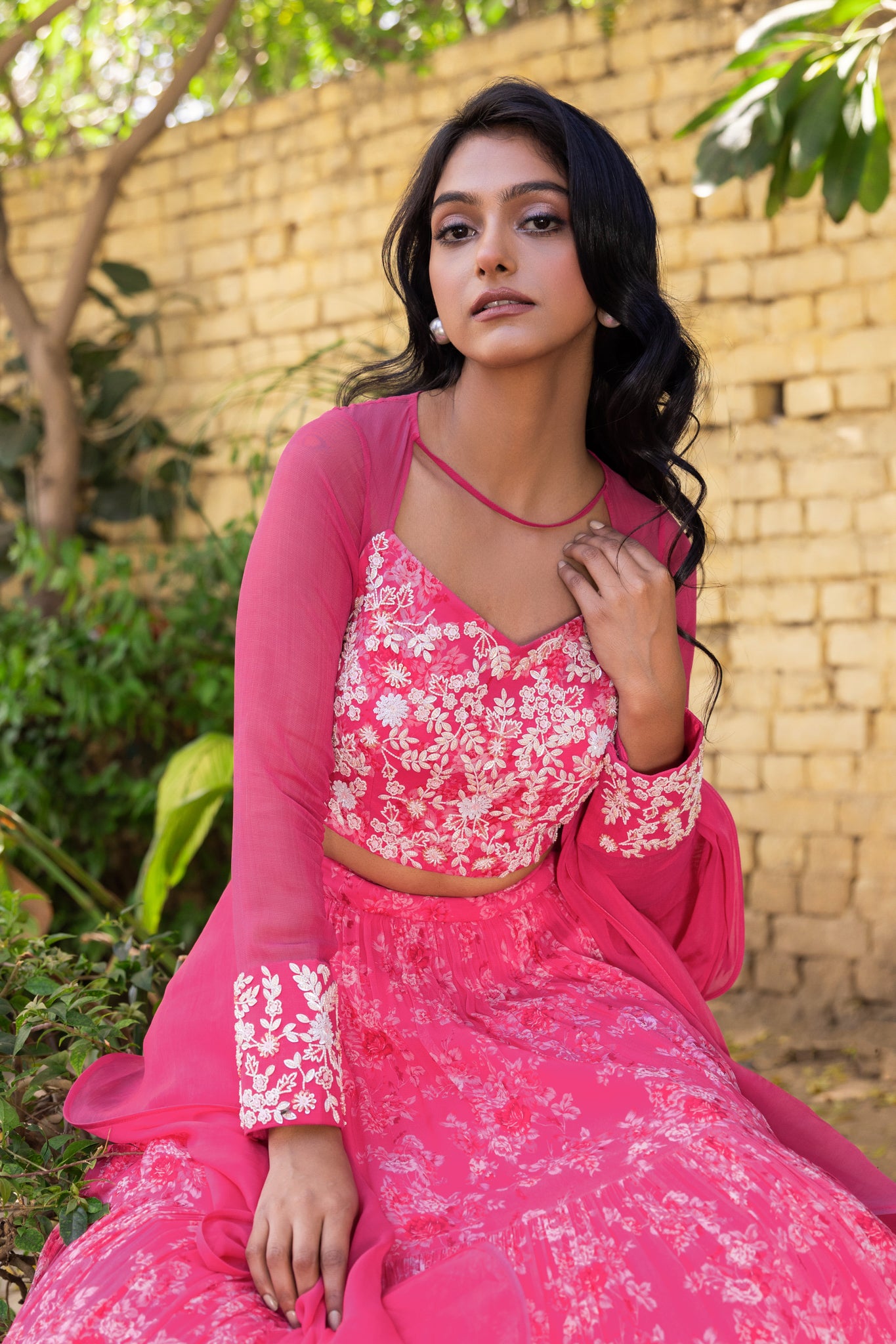 Pink Georgette &amp; Net Layered Lehenga Set image 3