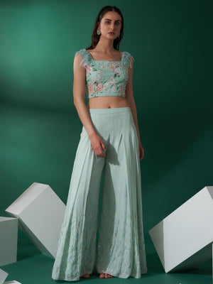 Sea Green Feather Flared Pant Set - L image