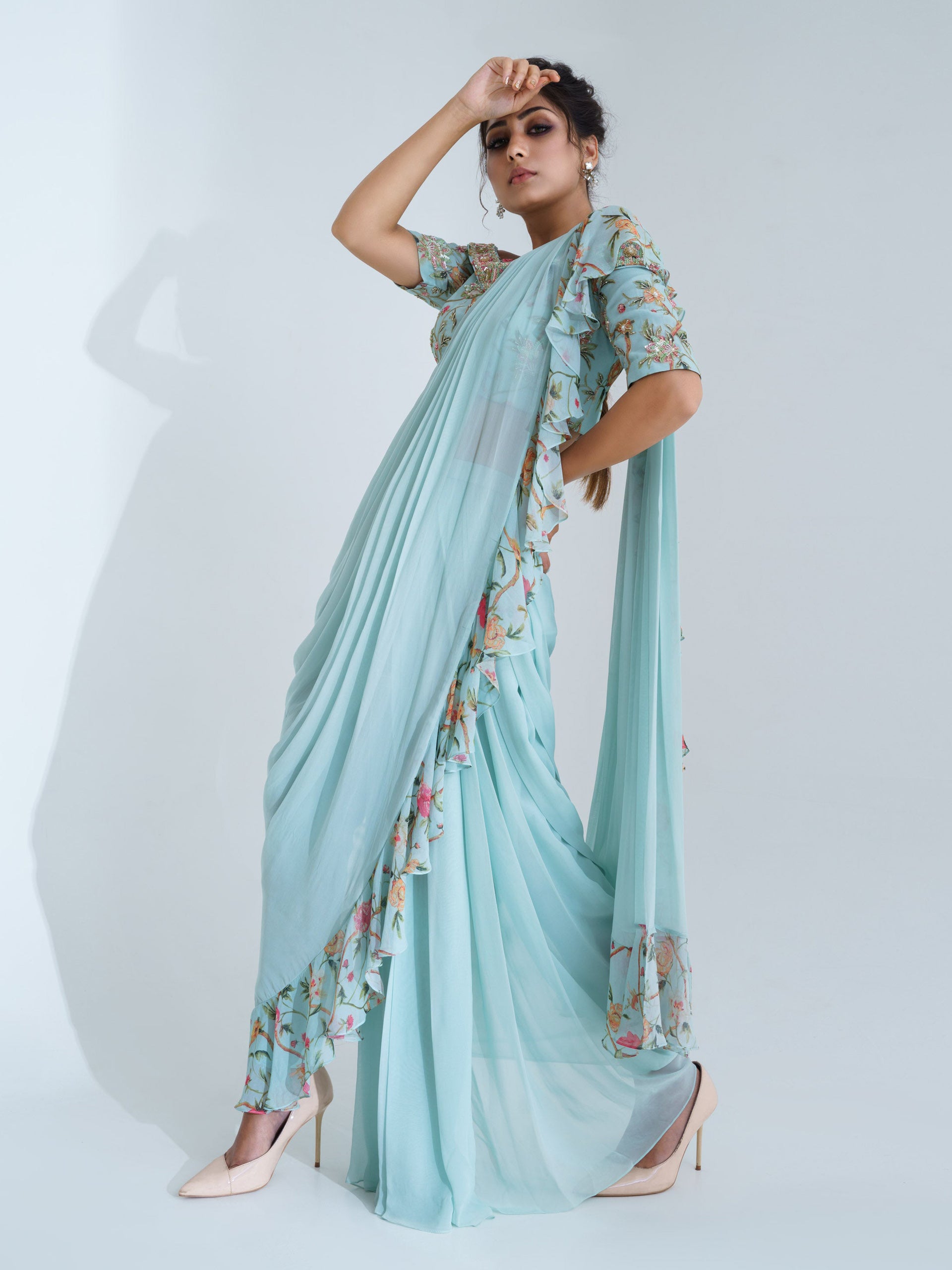 Pre Drape Light Blue Ruffle Saree Set image 4