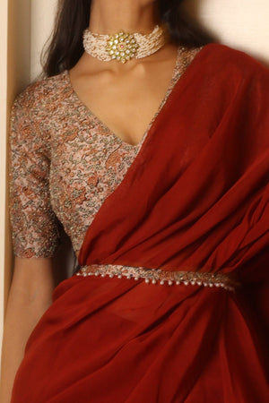 Rustic Red Organza Ruffle Saree Set image 5
