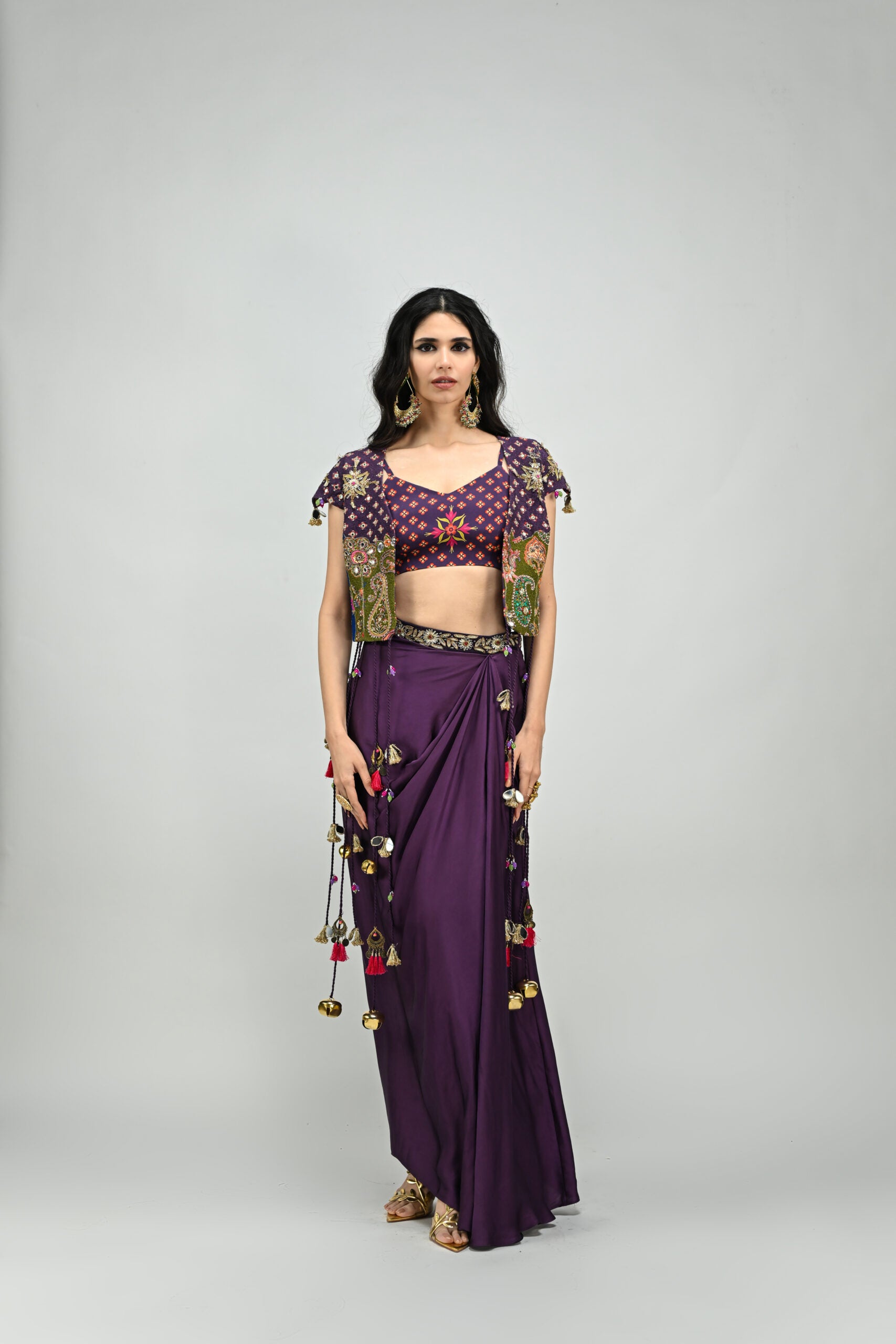 Plum Patch Highlighted Tassel Jacket Dhoti Skirt Set - M image