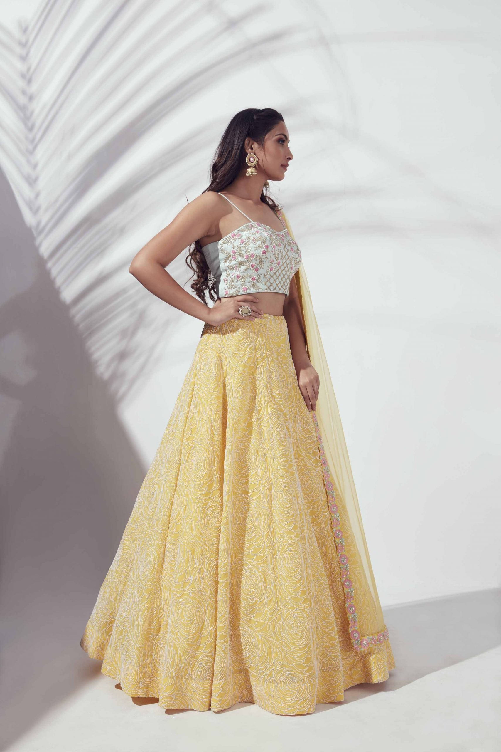 Sunflower Lehenga with Sea Green Bustier image 3