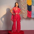 Hot Pink Printed And Embroidered Cape And Pants Set image 0