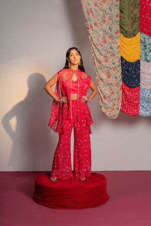 Hot Pink Printed And Embroidered Cape And Pants Set image 0