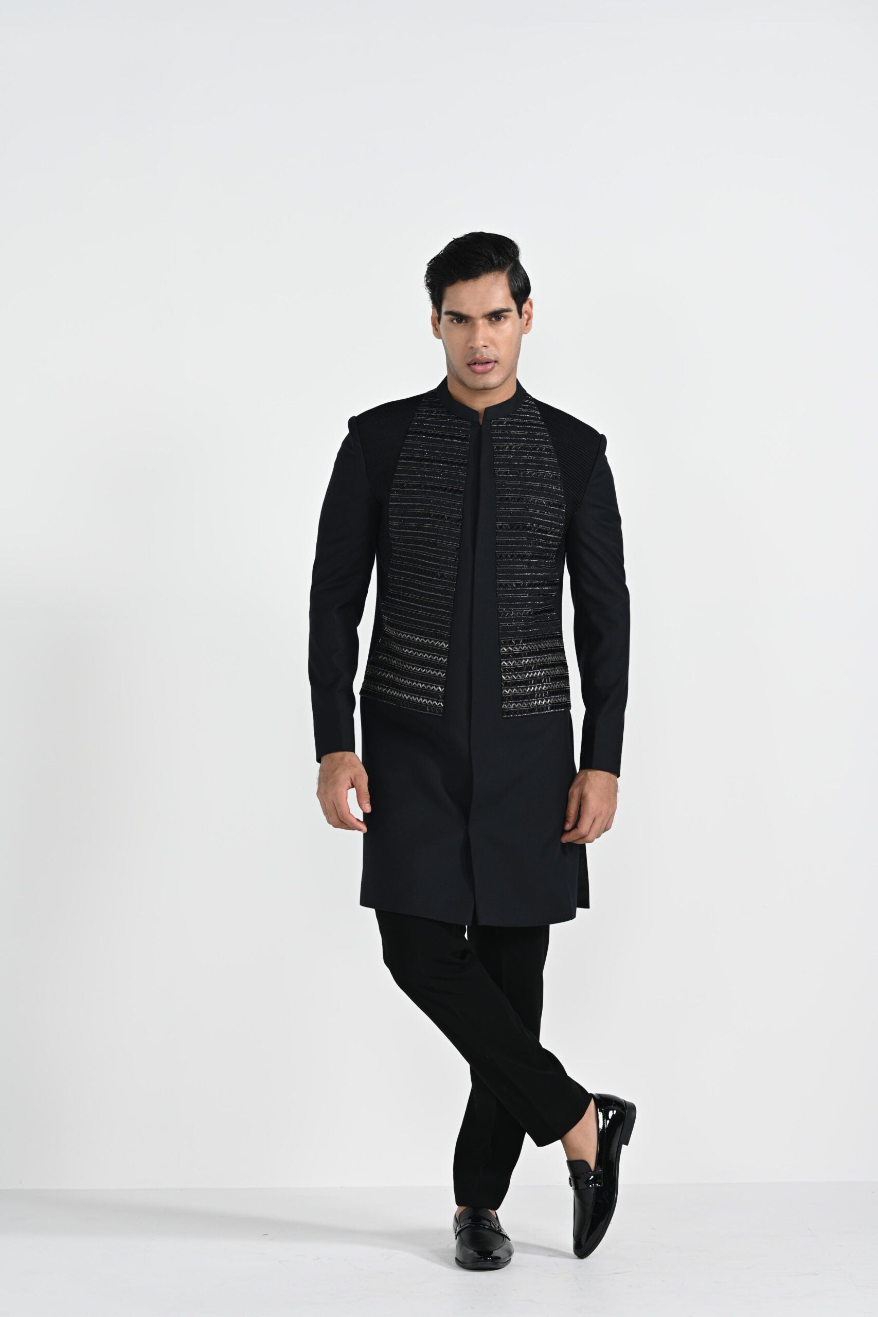 Dark Sapphire Geometric Panel Achkan Set - M image