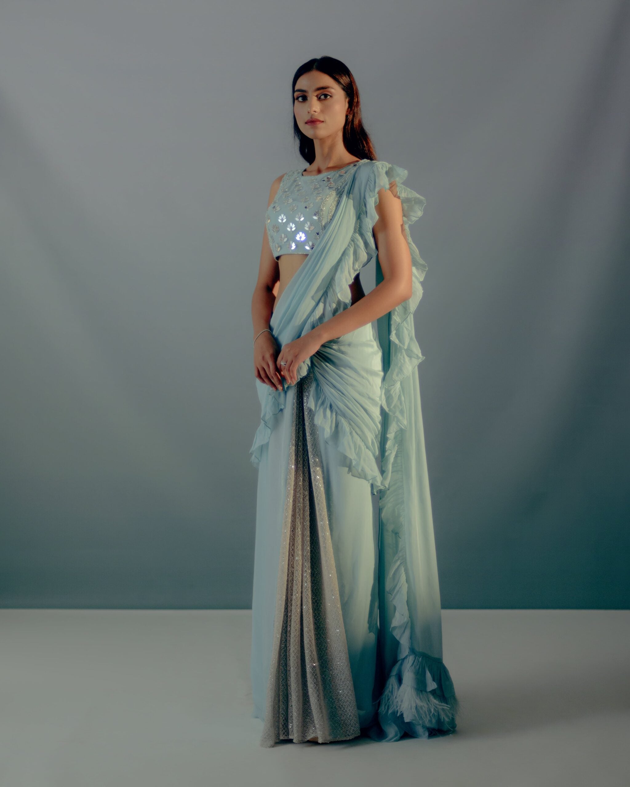 Baby Blue Feather Details Saree Set image 0