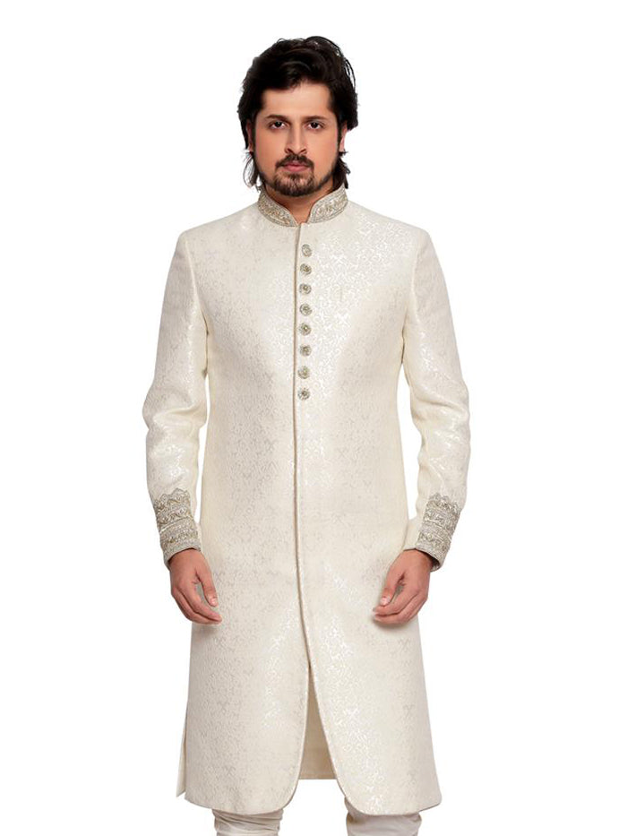 White Sherwani Set with Embroidered Buttons image 1