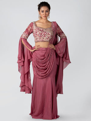 Pre-Drape Mauve Fish Cut Saree Set - S image