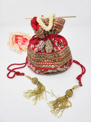 Red Potli Bag with Gold Pearl Tassels image 2