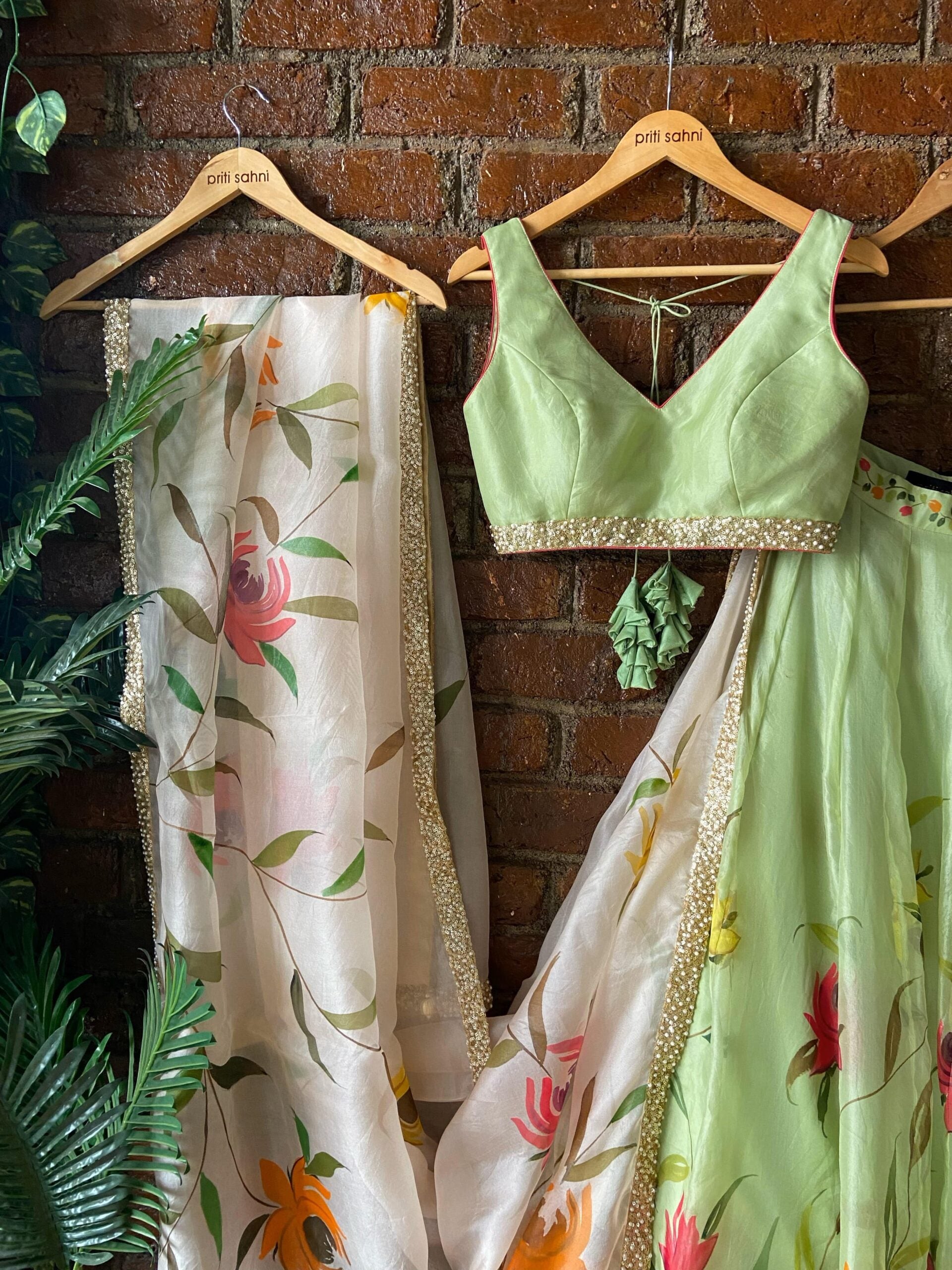 Mint Hand Painted Organza Lehenga Set image 3