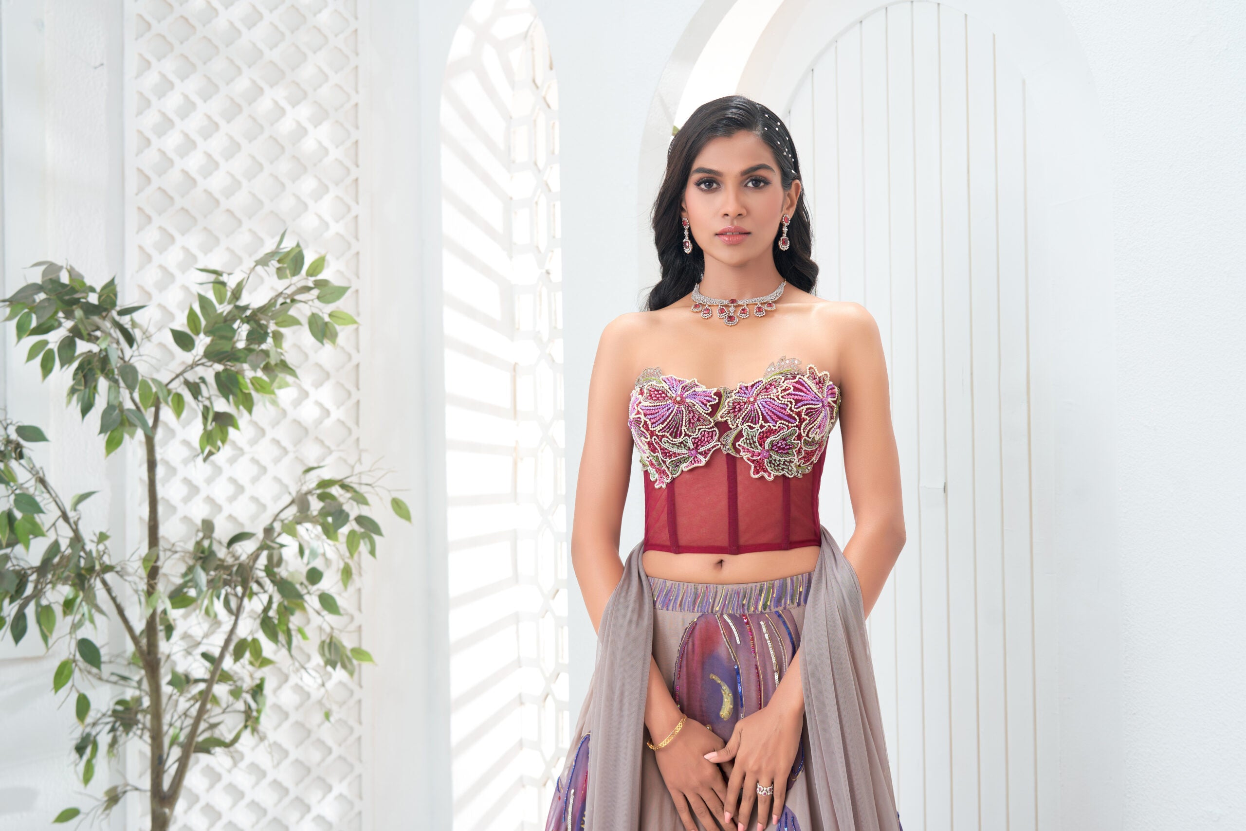 Mauve hand painted lehenga and floral corset set image 5