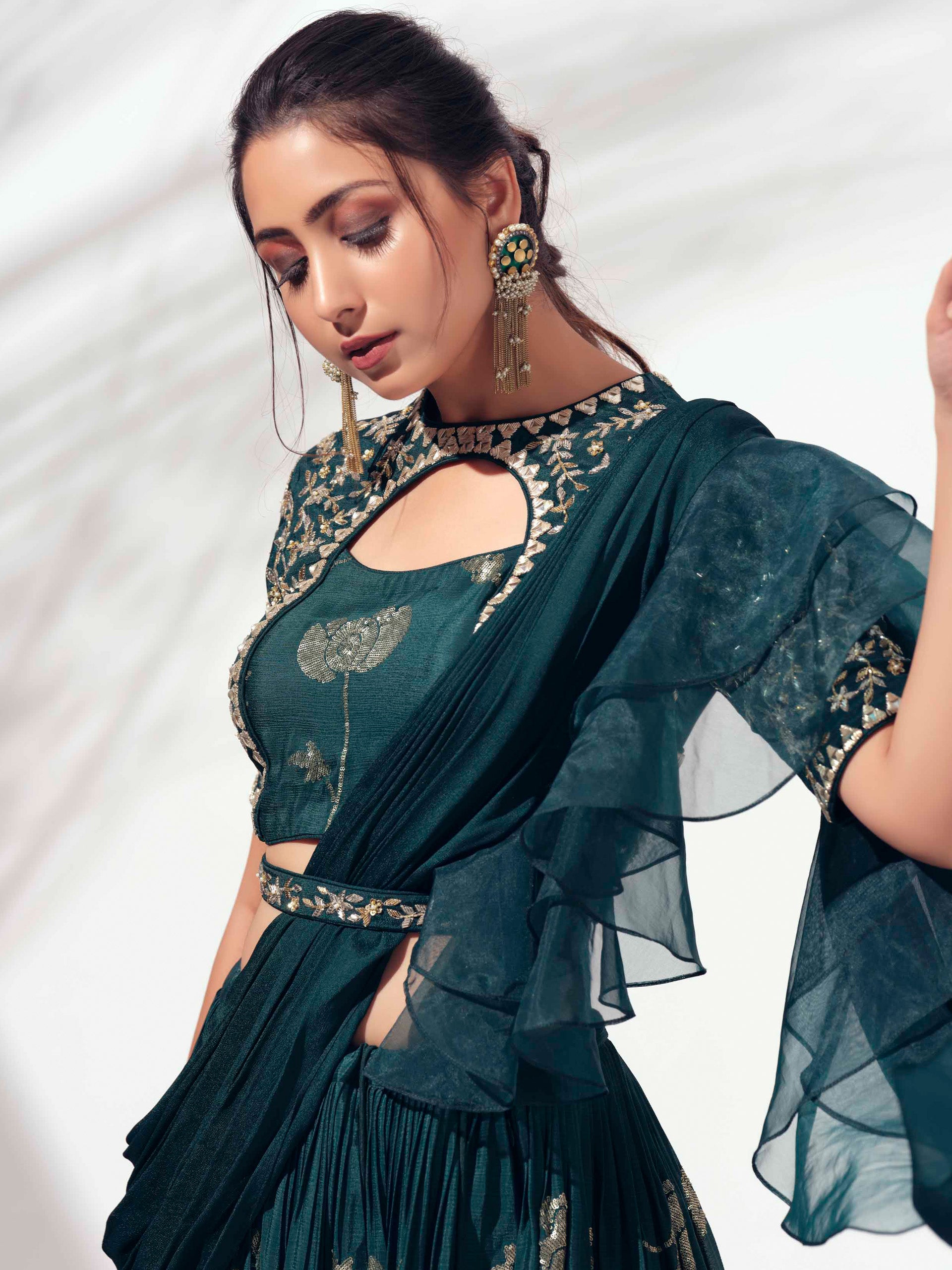 Bottle Green Embroidered Lehenga Set image 1