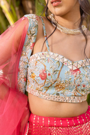 Coral Floral Georgette &amp; Net Embroidered Lehenga Set image 1