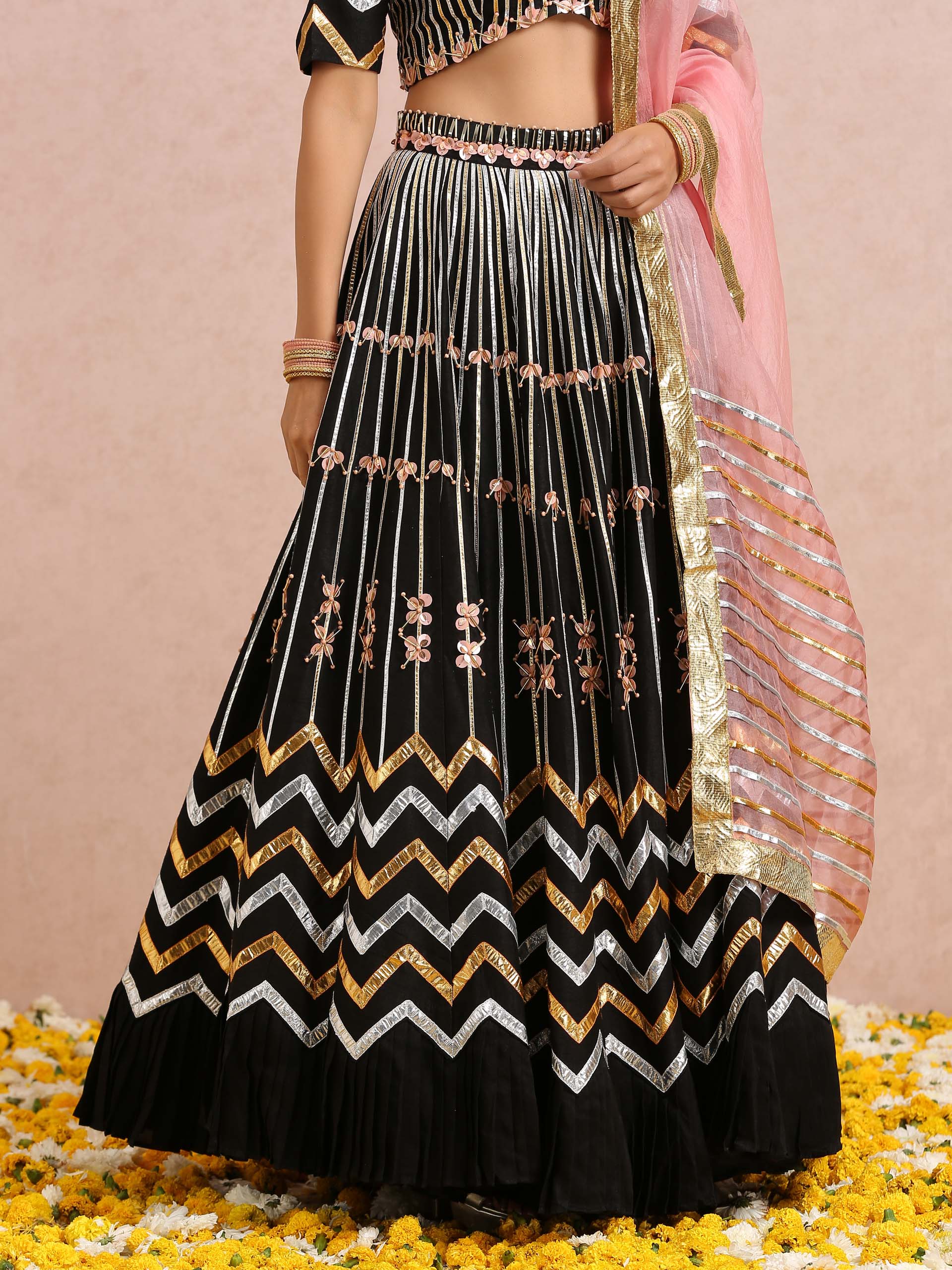 Black Embroidered Stripe Lehenga Set image 2