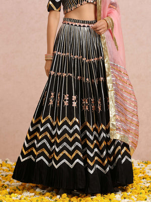 Black Embroidered Stripe Lehenga Set image 2