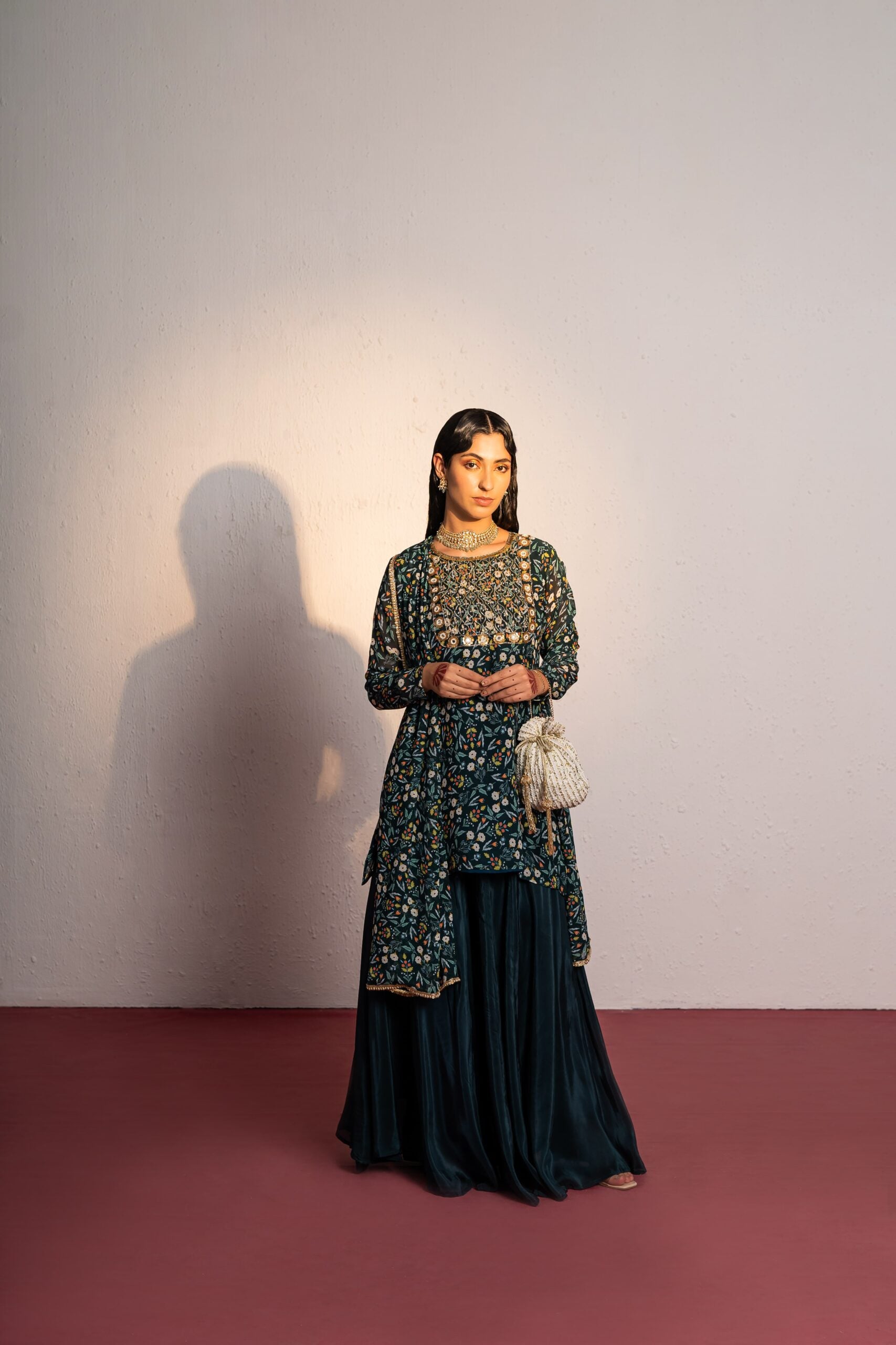 Royal Green Printed And Embroidered Sharara Set - XL image