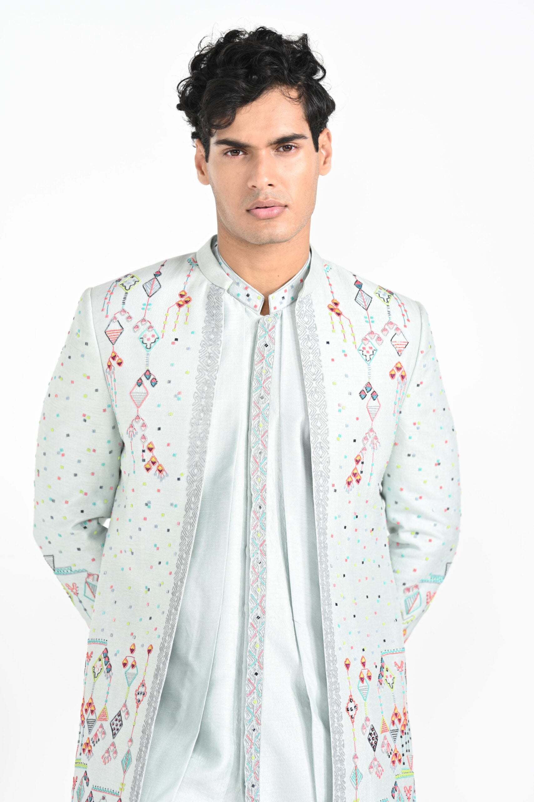 Ice Blue Multicoloured Geometric Motif Achkan Set image 3