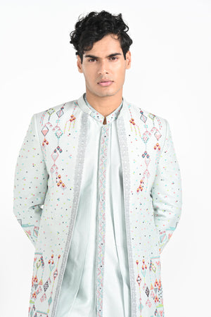 Ice Blue Multicoloured Geometric Motif Achkan Set image 3