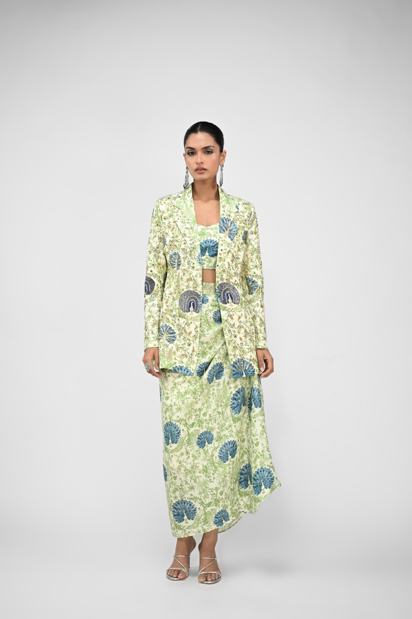 Peacock Bralette, Cowl Skirt Paired With Highlighted Peacock Blazer Set - L image