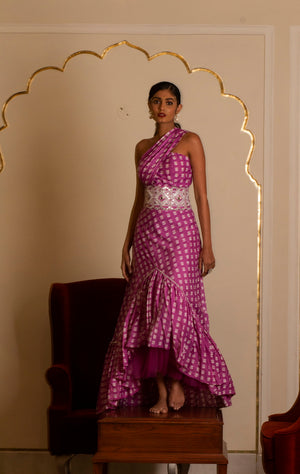 Purple Printed One Shoulder Long Dress - Custom image