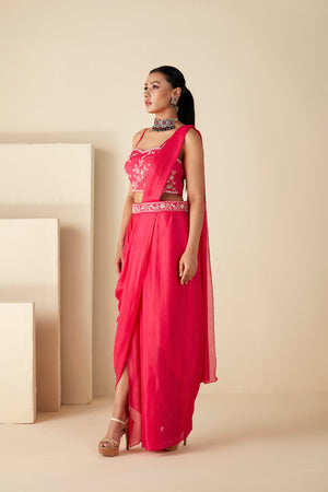 Pink Georgette Crepe Bustier Skirt Saree image 3