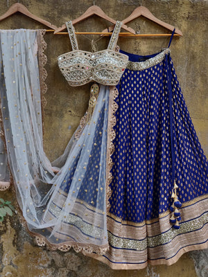 Navy Blue Mirror Bustier Lehenga - Custom image