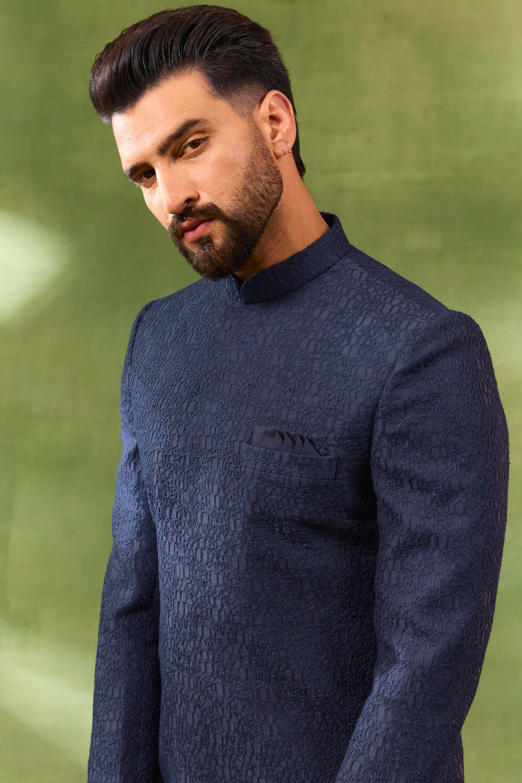 Navy Blended Silk Embroidered Sherwani Set image 1
