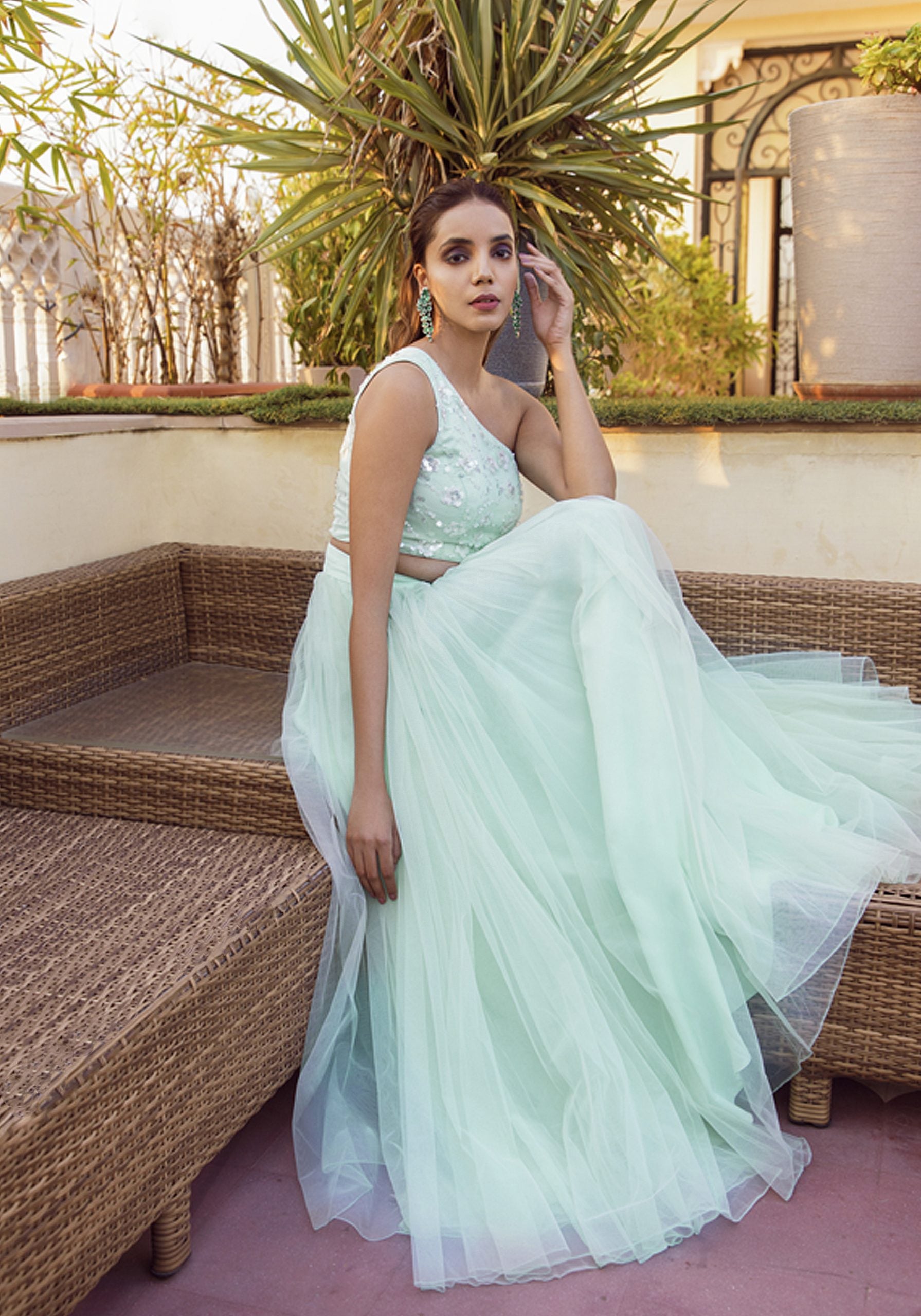 Mint Green One Shoulder Blouse with Tulle Skirt image 1