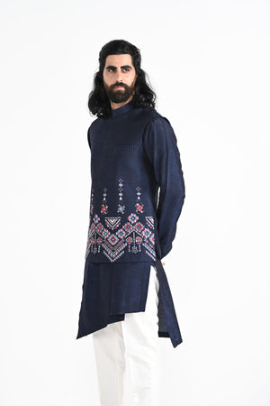 Navy Phulkari Inspired Nehru With Overlapping Layered Kurta Set image 4