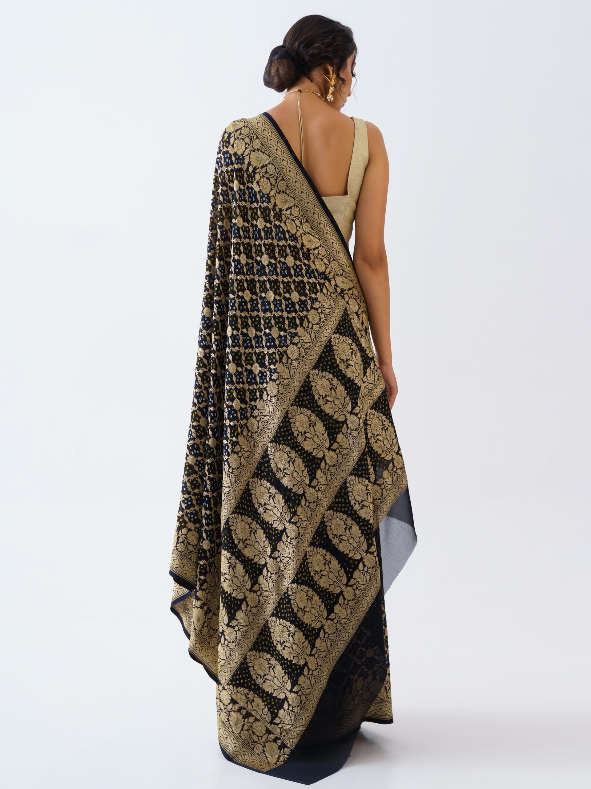 Royal Black Banarasi Bandhani Saree Set image 2