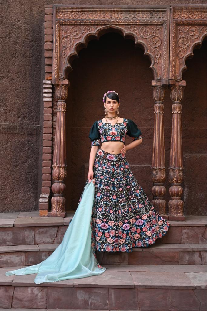 Bottle Green Embroidered and Embellished Heavy Lehenga Set image 1