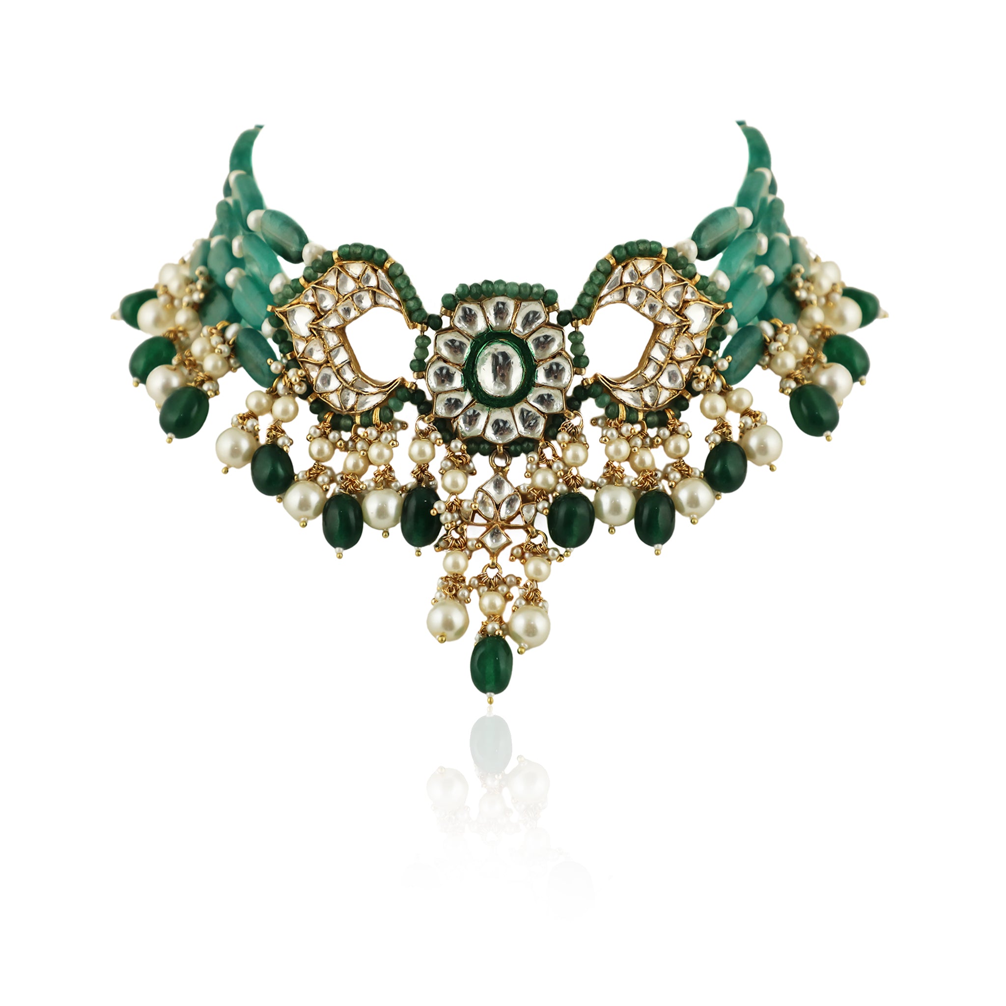 22KT Gold Plated Green Choker Necklace Set image 2