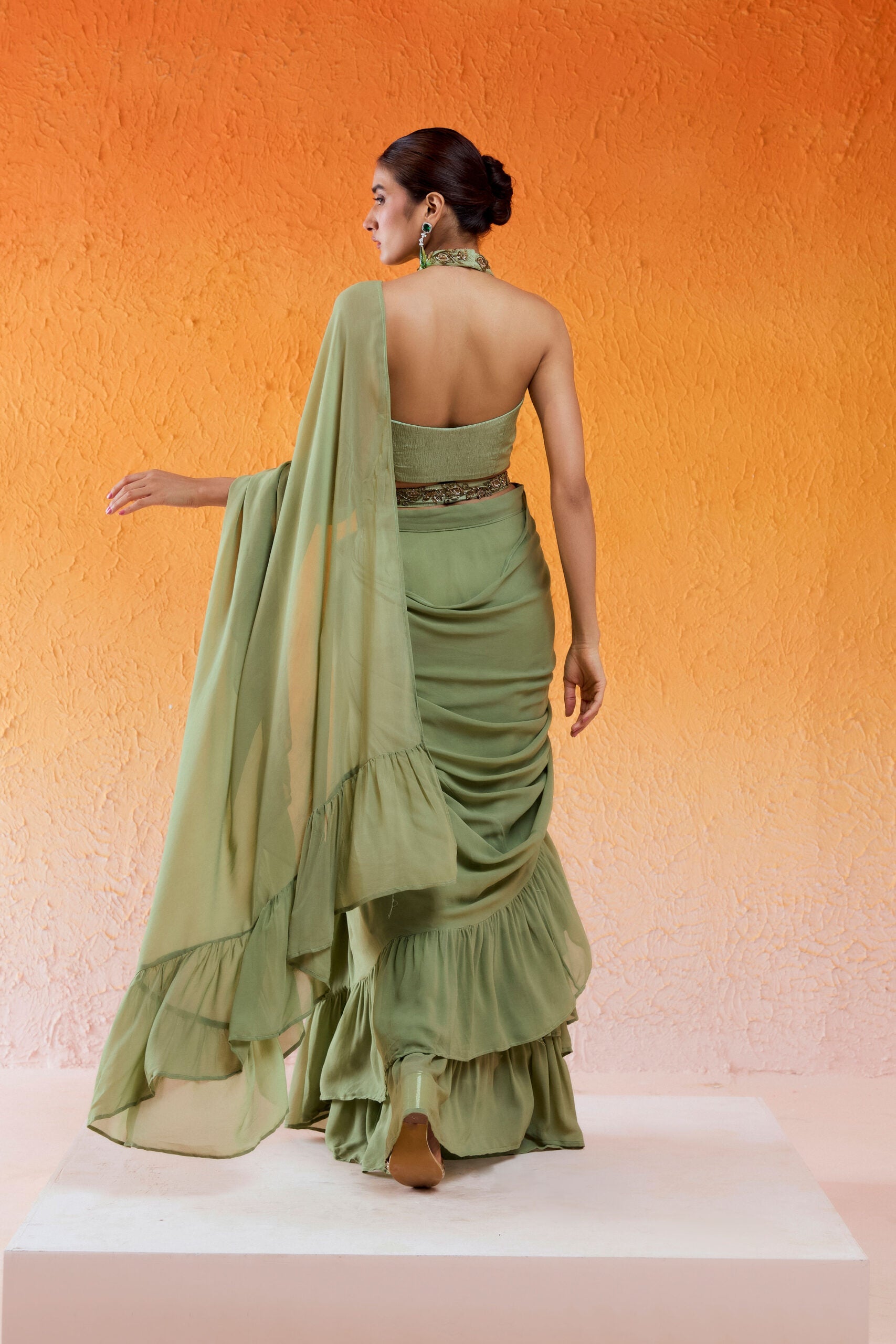 Pista Green Embroidered Drape Saree Set with Belt image 7
